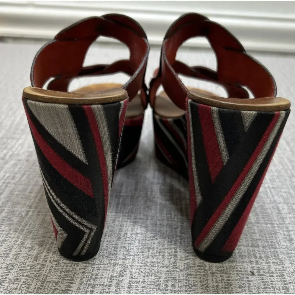 Robert Clergerie France Red Leather Sandals 7 Platform Wedge Slide Designer